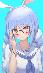 Rule 34 | 1girl, absurdres, animal ear fluff, animal ears, blue background, blue hair, blue neckerchief, blush, braid, commentary request, eyes visible through hair, glasses, hair between eyes, highres, hololive, looking at viewer, multicolored hair, neckerchief, rabbit ears, red eyes, sailor collar, shirt, short eyebrows, short sleeves, simple background, solo, thick eyebrows, twin braids, twintails, two-tone hair, usada pekora, virtual youtuber, white hair, white sailor collar, white shirt, yihsien