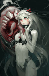 Rule 34 | 10s, 1girl, abyssal ship, airfield princess, bad id, bad pixiv id, breasts, colored skin, doyora, horns, kantai collection, leotard, long hair, long tongue, monster, pale skin, red eyes, smile, solo, tongue, tongue out, very long hair, white hair, white skin