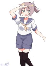 Rule 34 | 1girl, absurdres, aoba (kancolle), black thighhighs, blue eyes, blue scrunchie, feet out of frame, highres, kantai collection, neckerchief, one-hour drawing challenge, open mouth, ponytail, purple hair, purple sailor collar, purple shorts, robinson (day l full), sailor collar, sailor shirt, school uniform, scrunchie, serafuku, shirt, short hair, shorts, simple background, smile, solo, thighhighs, twitter username, white background, white shirt, yellow neckerchief