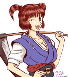 Rule 34 | 1girl, breasts, cleavage, hair bobbles, hair ornament, hand on own hip, large breasts, obi, one eye closed, onozuka komachi, over shoulder, red eyes, red hair, sash, scythe, short twintails, solo, taikyokuturugi, touhou, twintails, two side up, weapon, weapon over shoulder