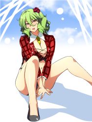 Rule 34 | 1girl, alternate costume, bad id, bad pixiv id, bare legs, between breasts, breasts, cleavage, clothes between breasts, clothes writing, female focus, flower, green hair, hair flower, hair ornament, highres, kazami yuuka, large breasts, legs, looking at viewer, meicha, navel, necktie, race queen, short hair, sitting, solo, touhou, v arms