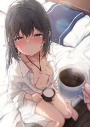 Rule 34 | 1girl, 1other, aftersex, asashio (kancolle), barefoot, black hair, blue eyes, blush, bottomless, breasts, closed mouth, coffee, coffee mug, collarbone, commentary request, cup, hair between eyes, highres, holding, holding cup, indoors, jewelry, kantai collection, knees together feet apart, long hair, long sleeves, looking at viewer, medium breasts, morning, mug, nagatsukiin, naked shirt, navel, nipples, on bed, ring, sexually suggestive, shirt, sitting, solo focus, sweat, wedding ring, white shirt