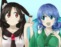 Rule 34 | 2girls, animal ears, aqua background, aqua eyes, black hair, blue hair, blush, drill hair, eye contact, fins, head fins, imaizumi kagerou, long hair, long sleeves, looking at another, multiple girls, open mouth, red eyes, short hair, smile, touhou, tyouseki, upper body, wakasagihime, wide sleeves, wolf ears