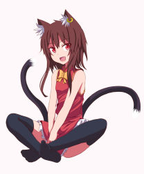 Rule 34 | 1girl, animal ears, between legs, brown hair, cat ears, cat tail, chen, eyes visible through hair, fang, furagu, hand between legs, highres, indian style, multiple tails, no shoes, open mouth, piercing, red eyes, red skirt, red vest, ribbon, short hair, simple background, sitting, skirt, sleeveless, slit pupils, smile, solo, tail, thighhighs, thighs, touhou, two tails, vest, white background, yellow ribbon