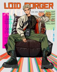 Rule 34 | 1boy, arm up, text background, bag, between legs, black footwear, black shirt, blonde hair, boots, cargo pants, closed mouth, combat boots, emw, english text, full body, green pants, hand between legs, highres, jacket, jewelry, long sleeves, male focus, multiple rings, necklace, open clothes, open jacket, pants, parted bangs, piercing, ring, romaji text, shirt, short hair, sitting, solo, spread legs, spy x family, streetwear, twilight (spy x family), white background