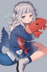 Rule 34 | 1girl, blue eyes, blue hair, blue nails, blue shirt, blunt bangs, blush, enomoto hina, fins, fish tail, gawr gura, grey background, hair ornament, highres, holding, holding stuffed toy, hololive, hololive english, looking at viewer, medium hair, multicolored hair, nail polish, on floor, shark girl, shark tail, shirt, sidelocks, sitting, smile, solo, streaked hair, stuffed animal, stuffed toy, tail, two side up, virtual youtuber, wavy mouth, white footwear, white hair