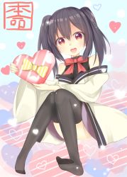 Rule 34 | 1girl, arrie lapin, bad id, bad pixiv id, bare shoulders, black hair, black sweater, black thighhighs, bow, box, commentary request, diagonal stripes, full body, gift, hair between eyes, head tilt, heart, heart-shaped box, heart-shaped mouth, highres, holding, holding gift, japanese clothes, kimono, knees together feet apart, long hair, looking at viewer, off shoulder, pink skirt, red bow, red eyes, red ribbon, ribbon, short kimono, sitting, skirt, sleeveless, solo, striped bow, sweater, thighhighs, twintails, urara meirochou, valentine, vertical-striped bow, white kimono, yellow bow, yukimi koume