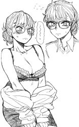 Rule 34 | 1girl, bra, breasts, cleavage, earrings, flying sweatdrops, glasses, greyscale, haioku colonel, highres, jewelry, looking at viewer, monochrome, multiple views, original, ponytail, simple background, skirt, sweat, underwear, white background