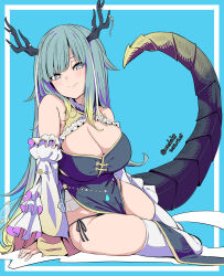 Rule 34 | 1girl, antlers, black panties, blue background, blue eyes, blue hair, breasts, cleavage, copyright request, dated, detached sleeves, dragon girl, dragon horns, dragon tail, highres, horns, kichihachi, large breasts, long hair, looking at viewer, panties, side-tie panties, sitting, solo, tail, thighhighs, thighs, twitter username, underwear, virtual youtuber, white thighhighs