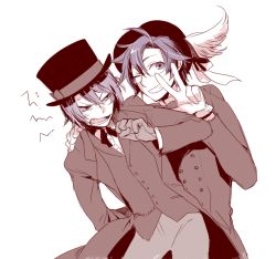 Rule 34 | 2boys, alternate costume, anger vein, annoyed, arm behind back, bad id, bad pixiv id, blue eyes, blue hair, bow, bowtie, brothers, clenched hand, colored skin, damurushi, fangs, formal, gloves, grin, hair between eyes, hair intakes, hand on shoulder, hat, hat bow, hat feather, hatoful kareshi, jacket, leaning, leaning forward, looking at viewer, male focus, monochrome, multiple boys, muted color, one eye closed, open clothes, open jacket, pale skin, pants, personification, sakazaki yuuya, sakuya le bel shirogane, siblings, silverpop night, simple background, smile, suit, sweat, teeth, top hat, traditional bowtie, v, white background, white skin, wink