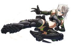 Rule 34 | 1girl, armor, black gloves, black thighhighs, blue eyes, breasts, colorized, crop top, elbow gloves, flying kick, gloves, greaves, green panties, highres, imizu (nitro unknown), kicking, md5 mismatch, mecha musume, midriff, navel, neon trim, original, panties, resolution mismatch, solo, source smaller, thighhighs, underwear, v, white hair