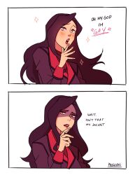 Rule 34 | 1girl, 2koma, asami sato, avatar legends, blush, comic, empty eyes, english text, expressions, hand up, implied yuri, long hair, muscle awe, pockicchi, red lips, shaded face, sparkle, the legend of korra