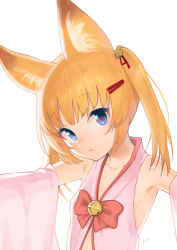 Rule 34 | 1girl, :&lt;, animal ear fluff, animal ears, armpits, bare shoulders, bell, blue eyes, blush, detached sleeves, fox ears, hair bell, hair ornament, hairclip, kemomimi oukoku kokuei housou, looking at viewer, mikoko (kemomimi oukoku kokuei housou), shoukaki (earthean), simple background, solo, twintails, virtual youtuber, white background