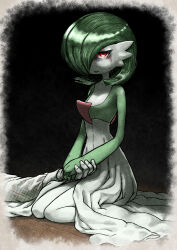 Rule 34 | 1boy, 1girl, black background, bob cut, border, breasts, colored sclera, colored skin, creatures (company), full body, game freak, gardevoir, gen 3 pokemon, green hair, green skin, hair over one eye, half-closed eyes, holding hands, indoors, knees together feet apart, long sleeves, looking at viewer, multicolored skin, nemaki (nemaki87456), nintendo, on floor, one eye covered, open mouth, own hands together, plaid, plaid shirt, pokemon, pokemon (creature), red eyes, red sclera, sad, shirt, short hair, sitting, small breasts, solo focus, tears, two-tone skin, unmoving pattern, white border, white skin, wooden floor