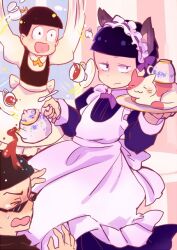 Rule 34 | 3boys, ahoge, alternate costume, animal ears, apron, arms up, back bow, black dress, black eyes, black hair, black jacket, blue background, blunt bangs, blush, bow, brothers, cat, cat ears, closed eyes, closed mouth, commentary request, crossdressing, cup, dress, enmaided, frilled apron, frills, frown, hair bow, hairband, half-closed eyes, hanada hyou, holding, holding teapot, holding tray, indoors, jacket, juliet sleeves, leather, leather jacket, long dress, long sleeves, looking at viewer, maid, male focus, matsuno ichimatsu, matsuno jyushimatsu, matsuno karamatsu, multiple boys, neckerchief, one-hour drawing challenge, open mouth, osomatsu-san, osomatsu (series), pink background, pouring onto another, puffy sleeves, purple dress, purple neckerchief, purple sleeves, ribbon-trimmed hairband, sash, short hair, siblings, sitting, sleeveless, sleeveless dress, smile, spill, striped, striped background, sunglasses, sweatdrop, table, tea, teacup, teapot, tray, triangular eyewear, two-tone background, v-shaped eyebrows, very short hair, waist apron, wavy mouth, white apron, white bow, white hairband, white sash, white sleeves, yellow bow, yellow neckerchief