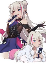 Rule 34 | 1girl, absurdres, alternate costume, bada (jksh5056), bare shoulders, blue eyes, breasts, casual, cellphone, collared shirt, commentary, double bun, dress, earrings, elbow gloves, fang, flip phone, food, girls&#039; frontline, gloves, grey hair, hair bun, halloween costume, heterochromia, highres, jewelry, long hair, lying, mdr (ghost trap) (girls&#039; frontline), mdr (girls&#039; frontline), medium breasts, mouth hold, multicolored hair, official alternate costume, on stomach, open mouth, phone, pillow, pink eyes, pink shorts, pocky, pointy ears, purple dress, shirt, short shorts, shorts, spider web print, streaked hair, white background, white shirt