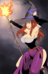 Rule 34 | 1girl, armpits, bad id, bad pixiv id, breasts, cleavage, dragon&#039;s crown, dress, fire, hat, large breasts, long hair, red hair, solo, sorceress (dragon&#039;s crown), staff, strapless, strapless dress, tsukudani (coke-buta), vanillaware, witch hat