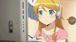 Rule 34 | 1girl, animated, animated gif, blonde hair, blue eyes, controller, female pervert, game controller, headphones, kousaka kirino, long hair, lowres, non-web source, ore no imouto ga konna ni kawaii wake ga nai, pervert, playing games, solo, thighhighs, video game, zettai ryouiki