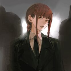 Rule 34 | 1girl, black coat, black necktie, braid, braided ponytail, chainsaw man, coat, collared shirt, formal, highres, kamo (kamonegioisi), looking at viewer, makima (chainsaw man), medium hair, necktie, parted lips, red hair, ringed eyes, shirt, sidelocks, smile, solo, suit, white shirt, yellow eyes