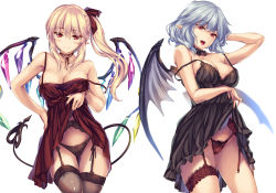 Rule 34 | 2girls, aged up, alternate costume, bare arms, bare shoulders, bat wings, black legwear, black panties, blonde hair, blue hair, breasts, bridal garter, choker, cleavage, closed mouth, clothes lift, collarbone, cowboy shot, crystal, detached collar, dress, dress lift, fangs, fingernails, flandre scarlet, floral print, garter belt, hair between eyes, hair ribbon, hand on own hip, head tilt, highres, laevatein (tail), large breasts, lifting own clothes, lingerie, lips, long hair, looking at viewer, monety, multiple girls, nail polish, navel, negligee, off shoulder, open mouth, panties, pointy ears, purple nails, red dress, red eyes, red ribbon, remilia scarlet, ribbon, ribbon choker, siblings, side ponytail, simple background, sisters, smile, standing, strap gap, strap slip, tail, thighhighs, touhou, underwear, white background, wings