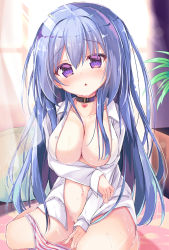 Rule 34 | 1girl, absurdres, black choker, blue hair, blurry, blurry background, blush, bow, bow panties, breasts, choker, cleavage, collarbone, collared shirt, commentary request, curtains, depth of field, dress shirt, emori miku, fingernails, groin, hair between eyes, heart, heart choker, highres, large breasts, liver city, long hair, long sleeves, naked shirt, navel, neko pan, open clothes, open shirt, panties, panties around leg, parted lips, purple eyes, shirt, sitting, sleeves past wrists, solo, striped clothes, striped panties, sweat, transparent, underwear, very long hair, wariza, white shirt, window