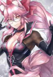 Rule 34 | 1girl, absurdres, animal ear fluff, animal ears, black bodysuit, blush, bodysuit, bow, breasts, center opening, choker, cleavage, fate/grand order, fate (series), fox ears, fox girl, fox tail, glasses, grin, hair between eyes, hair bow, highres, huge filesize, koyanskaya (assassin) (first ascension) (fate), koyanskaya (fate), large breasts, long hair, looking at viewer, pink bow, pink hair, ponytail, sidelocks, smile, solo, tail, townoise, yellow eyes