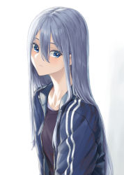 Rule 34 | 1girl, absurdres, bad id, bad pixiv id, banana oekaki, black shirt, blue eyes, blue jacket, hair between eyes, highres, jacket, long hair, looking at viewer, open clothes, open jacket, parted lips, project sekai, shirt, silver hair, simple background, solo, straight hair, track jacket, upper body, very long hair, white background, yoisaki kanade