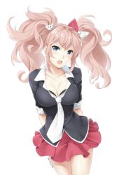 Rule 34 | 1girl, blue eyes, blush, breasts, brown hair, cleavage, collarbone, danganronpa (series), dated, enoshima junko, highres, large breasts, looking at viewer, lulu-chan92, necktie, parted lips, red skirt, short hair, short twintails, signature, skirt, solo, twintails, white necktie