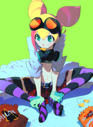 Rule 34 | 1girl, absurdres, barefoot, belt, bikini, bikini top only, black belt, black thighhighs, blonde hair, chips (food), cone hair bun, eating, food, gas mask, gloves, goggles, goggles on head, green background, green eyes, green gloves, hair between eyes, hair bun, highres, indian style, km (ksolee1201), lab coat, lucia fex, mask, midriff, multicolored hair, pink hair, plaid, plaid skirt, promare, purple thighhighs, red skirt, sitting, skirt, sleeves rolled up, striped clothes, striped thighhighs, swimsuit, thighhighs, two-tone hair