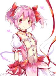 Rule 34 | 1girl, arms at sides, arms behind back, blush, bow, bowtie, bubble skirt, hair ribbon, heart, honwaka shinshi, kaname madoka, looking at viewer, looking to the side, magical girl, mahou shoujo madoka magica, mahou shoujo madoka magica (anime), pink eyes, pink hair, red bow, ribbon, skirt, smile, solo, soul gem, twintails, upper body, white background