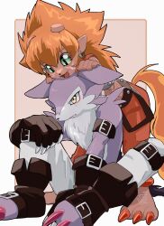 Rule 34 | 2boys, belt, digimon, digimon (creature), flamon, furry, happy, highres, hug, looking at another, multiple boys, smile, strabimon
