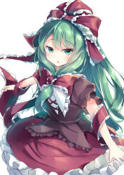Rule 34 | 1girl, absurdres, arm ribbon, bow, commentary request, front ponytail, green eyes, green hair, hair bow, hair ribbon, highres, kagiyama hina, kanzakietc, long hair, looking at viewer, one-hour drawing challenge, open mouth, red bow, red ribbon, red skirt, ribbon, short sleeves, simple background, skirt, solo, touhou, white background