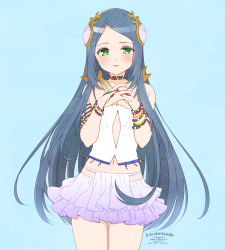 Rule 34 | 1girl, armband, artist name, asymmetrical bangs, bare shoulders, bead bracelet, bead necklace, beads, blue background, blue hair, blush, bracelet, center opening, cowboy shot, dated, final fantasy, final fantasy xiii, final fantasy xiii-2, flat chest, frilled skirt, frills, green eyes, hair ornament, highres, jewelry, krudears, long hair, looking at viewer, midriff, miniskirt, navel, necklace, own hands clasped, own hands together, paddra nsu-yeul, parted lips, purple skirt, shirt, sidelocks, skirt, sleeveless, sleeveless shirt, solo, square enix, twitter username, white shirt