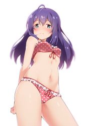 Rule 34 | 1girl, ahoge, arms behind back, bikini, blue eyes, blush, breasts, closed mouth, contrapposto, cowboy shot, flipped hair, idolmaster, idolmaster million live!, long hair, looking at viewer, mochizuki anna, navel, purple hair, red bikini, simple background, small breasts, solo, standing, swimsuit, tareme, white background, yuukyan (ucan85)