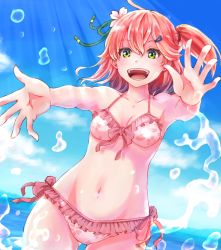 Rule 34 | 1girl, ahoge, armpits, bare shoulders, bikini, blush, breasts, cherry blossom print, cherry blossoms, cleavage, collarbone, floral print, flower, frilled bikini, frills, front-tie bikini top, front-tie top, green eyes, groin, hair flower, hair ornament, hairclip, halterneck, highres, hololive, looking at viewer, medium breasts, navel, open mouth, outdoors, partially submerged, pink bikini, pink hair, sakura miko, sakura miko (hololive summer 2019), side-tie bikini bottom, small breasts, smile, solo, splashing, swimsuit, teeth, tmo-cat, tongue, upper teeth only, virtual youtuber, wading, water