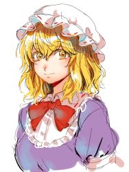 Rule 34 | 1girl, blonde hair, bow, bowtie, breasts, closed mouth, commentary request, dress, hat, highres, kuya (hey36253625), looking at viewer, maribel hearn, medium breasts, mob cap, purple dress, red bow, red bowtie, simple background, sketch, smile, touhou, upper body, wavy hair, white hat, yellow eyes