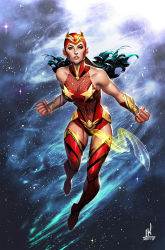 Rule 34 | 1girl, adapted costume, alternate costume, black hair, boots, breasts, brown eyes, cleavage, commentary, darna, darna (character), gunshiprevolution, helmet, highres, kevin libranda, leotard, loincloth, long hair, looking at viewer, medium breasts, muscular, see-through, signature, solo, space, star (sky), superhero costume, thigh boots, thighhighs, vambraces