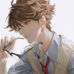 Rule 34 | 1boy, absurdres, bishounen, brown eyes, brown hair, closed mouth, collared shirt, deadprince, glasses, highres, male focus, original, portrait, shirt, short hair, simple background, solo, sweater vest, white background, white shirt, yellow sweater vest
