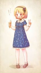 Rule 34 | 1girl, aki minoriko, alternate costume, arinu, blonde hair, blue dress, casual, dress, floral print, food, fruit, grapes, hair ribbon, highres, ice cream, loafers, open mouth, puffy short sleeves, puffy sleeves, red eyes, ribbon, shoes, short sleeves, smile, soft serve, solo, touhou, v