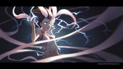 Rule 34 | 1girl, action, angry, artist name, blouse, blue eyes, breasts, dark, dark background, dated, electricity, electrokinesis, energy, psychic, floating hair, from below, furrowed brow, glowing, glowing eyes, gym uniform, hair lift, hand up, highres, letterboxed, looking at viewer, looking down, magic, medium hair, midriff, misaka mikoto, misaka mikoto level 6 shift, mool yueguang, navel, parted lips, psychic, shirt, shorts, small breasts, solo, spoilers, toaru kagaku no railgun, toaru majutsu no index, torn clothes, torn shirt, v-shaped eyebrows, wallpaper, watermark, white eyes, white shorts, wind
