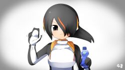 Rule 34 | 1girl, black eyes, black hair, black jacket, blush, bottle, breasts, closed mouth, commentary request, emperor penguin (kemono friends), hair between eyes, hair over one eye, hand up, headphones, jacket, kemono friends, large breasts, lets0020, long bangs, looking at viewer, multicolored hair, numbered, one-piece swimsuit, orange hair, short hair, simple background, smile, solo, streaked hair, swimsuit, upper body, v-shaped eyebrows, vignetting, water bottle, white background, white one-piece swimsuit