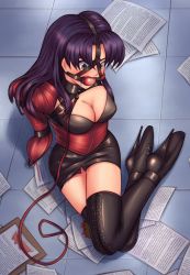 Rule 34 | 1girl, armbinder, arms behind back, bad id, bad pixiv id, ball gag, ballet boots, bdsm, blush, bondage, boots, bound, breasts, cleavage, collar, drooling, gag, gagged, harness gag, high heels, highres, kagyakusetsu, katsuragi misato, large breasts, leash, long hair, neon genesis evangelion, on floor, pussy juice, sitting, slave, thigh boots, thighhighs