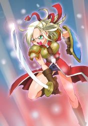 Rule 34 | 1girl, aqua eyes, armor, belt, blonde hair, blush, boots, breasts, coat, dragon quest, dragon quest heroes, gloves, long hair, meer (dqh), onnaski, open mouth, ribbon, shield, shoulder pads, skirt, sword, weapon
