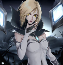 Rule 34 | 1girl, absurdres, alternate costume, blonde hair, breasts, commentary request, detached sleeves, eyes visible through hair, hair between eyes, highres, kai&#039;sa, league of legends, looking at viewer, mask, medium breasts, open mouth, red lips, short hair, solo, tagme, unique (pixiv12704744)