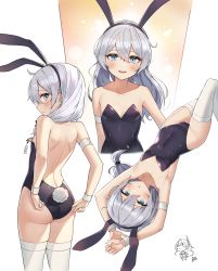 Rule 34 | 1girl, :d, absurdres, adjusting clothes, aliceblue, animal ears, arms up, bad id, bad pixiv id, bare shoulders, black leotard, blue eyes, blush, breasts, fake animal ears, hair between eyes, hair over shoulder, highres, honkai (series), honkai impact 3rd, leotard, long hair, looking at viewer, low ponytail, multiple views, open mouth, playboy bunny, rabbit ears, rabbit tail, sidelocks, signature, silver hair, simple background, small breasts, smile, tail, theresa apocalypse, thighhighs, white background, white thighhighs, wrist cuffs