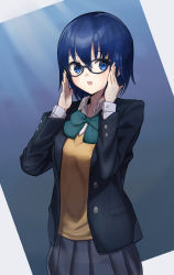 Rule 34 | 1girl, absurdres, adjusting eyewear, black-framed eyewear, black jacket, blue eyes, blue hair, blush, bow, bowtie, breasts, buttons, ciel (tsukihime), collared shirt, commentary request, glasses, green bow, green bowtie, grey skirt, hair between eyes, highres, jacket, long sleeves, looking at viewer, makimaki, miniskirt, open clothes, open jacket, open mouth, pleated skirt, pocket, school uniform, shirt, skirt, smile, solo, tsukihime, tsukihime (remake), vest, white shirt, yellow vest