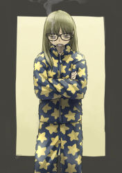 Rule 34 | 1girl, bags under eyes, black-framed eyewear, black border, blonde hair, blue pajamas, border, chiyo maru, cigarette, commentary request, crossed arms, feet out of frame, furrowed brow, glasses, grey eyes, hair over shoulder, hatching (texture), highres, long hair, long sleeves, looking down, mouth hold, narrowed eyes, original, outside border, pajamas, print pajamas, scowl, signature, simple background, smoke, smoke trail, smoking, solo, standing, star (symbol), star print, straight-on, two-tone pajamas, yellow background, yellow pajamas, zipper, zipper pull tab