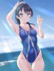 Rule 34 | 42shirane, absurdres, black hair, blue eyes, blue one-piece swimsuit, blue sky, breasts, cloud, competition swimsuit, covered navel, cowboy shot, gluteal fold, highleg, highleg swimsuit, highres, horizon, link! like! love live!, long hair, long sleeves, looking at viewer, love live!, murano sayaka, ocean, one-piece swimsuit, outstretched arms, ponytail, sky, small breasts, standing, swimsuit, thigh gap, twintails, virtual youtuber