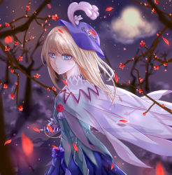 Rule 34 | 1other, blonde hair, blue eyes, cape, chevalier d&#039;eon (fate), commentary request, fate/grand order, fate (series), flower, lily (flower), looking at viewer, moon, night, night sky, sky, smile, solo, sword, viryin, weapon, white cape, white flower