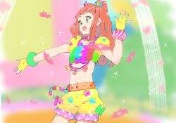 1girl :d aikatsu!_(series) aikatsu_stars! animal_ears bad_id bad_twitter_id bear_ears blunt_bangs blurry blurry_foreground bow collar cone_hair_bun cowboy_shot cropped_shirt dancing double_bun fang fingerless_gloves gloves green_eyes hair_bow hair_bun hand_up idol idol_clothes kkxxxx long_hair navel open_mouth orange_hair outstretched_arm pink_collar puffy_short_sleeves puffy_sleeves saotome_ako short_sleeves shorts smile solo standing yellow_gloves yellow_shorts